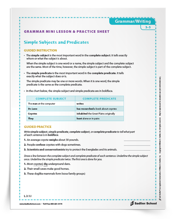 Simple Subjects And Predicates Mini Lesson Practice Sheet Sadlier