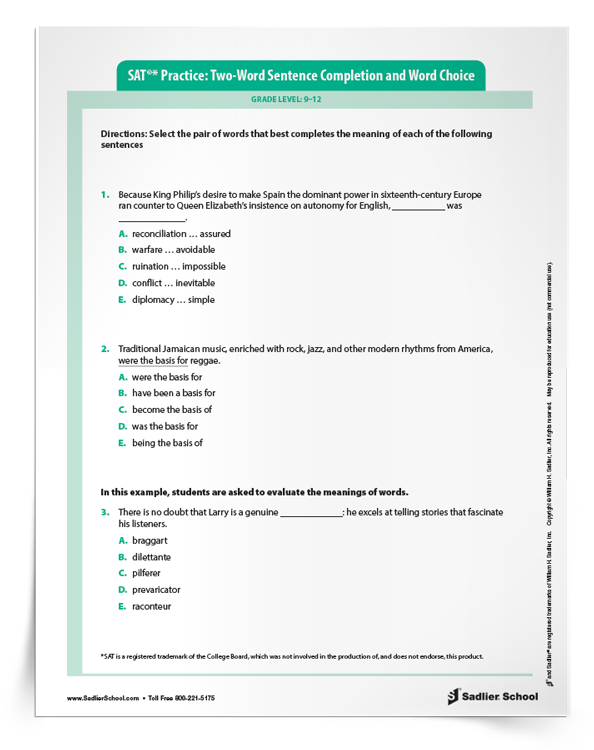 SAT Grammar Practice Worksheet Sentence Completion 9 12 Download 