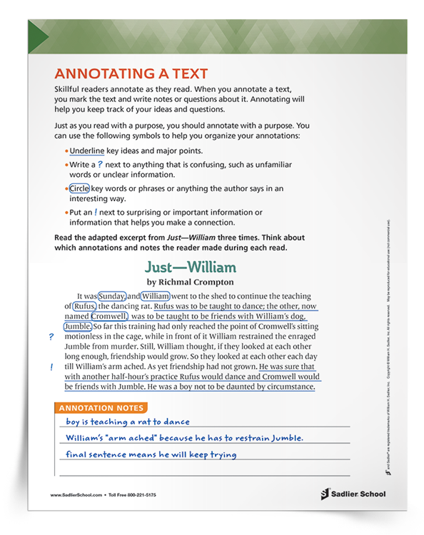 Annotating a Text: Just William Activity 3 8 Download Sadlier School