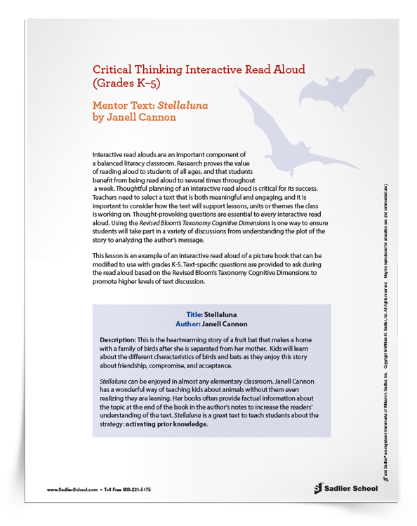 Critical Thinking Interactive Read Aloud of Stellaluna K-5 | Download |  Sadlier School