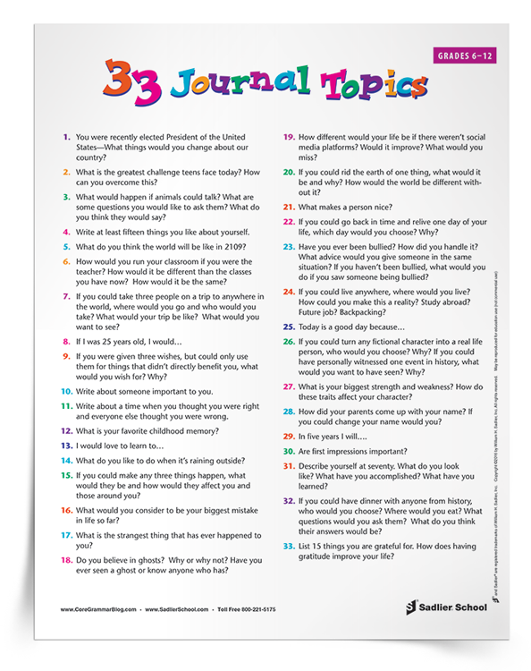 Journal Writing Topics For Students Worksheet 6 12 Sadlier School